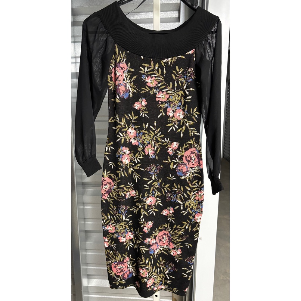 Rachel Rachel Roy Floral Knit Sheath Dress Black Pink Sheer Long Sleeve Small